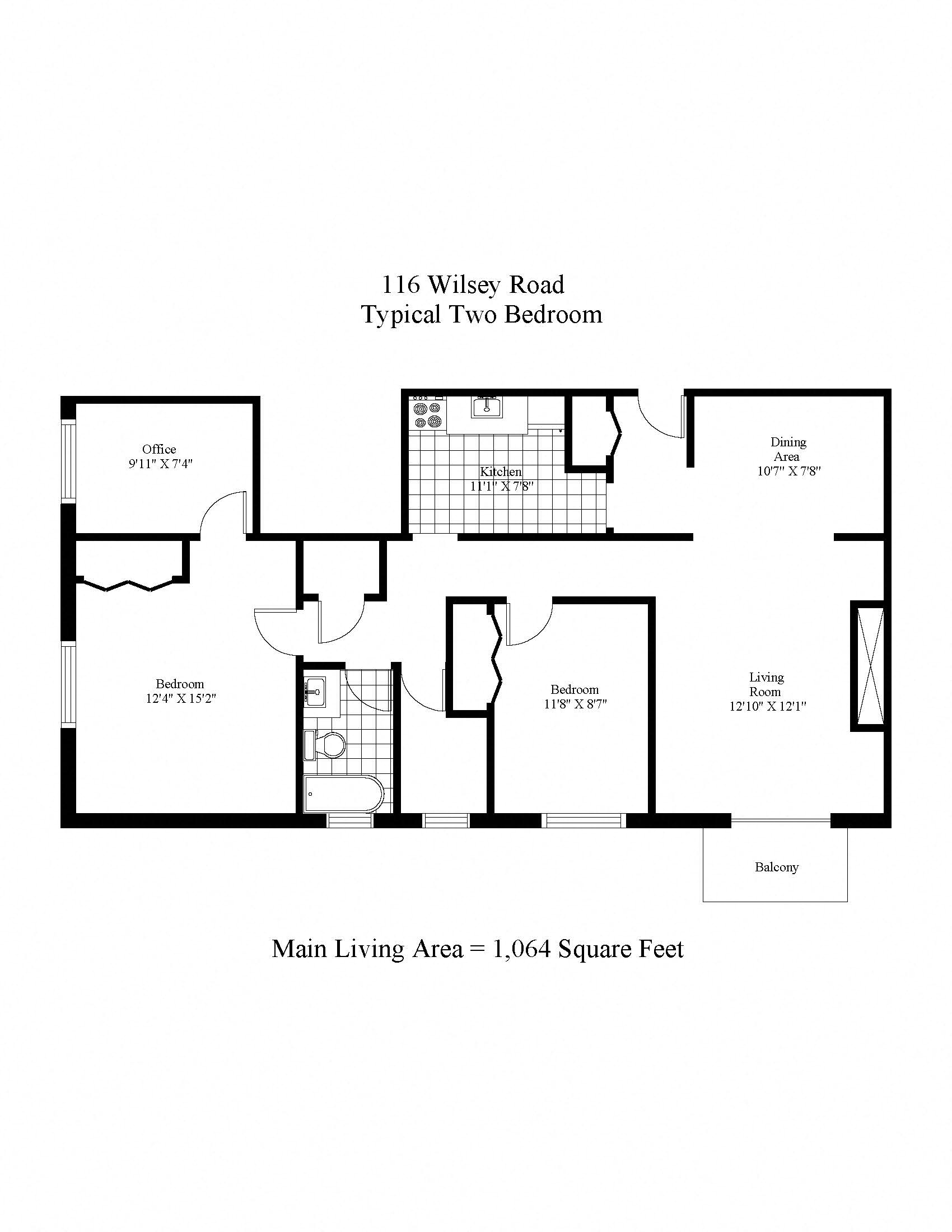 Floor plan for 2 beds, 1 bath, 1064 sqft